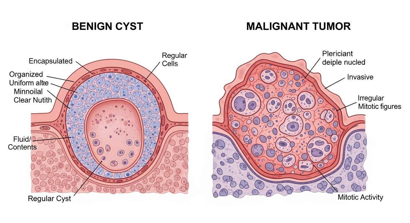 Medical illustration showing the difference between benign cysts and malignant tumors