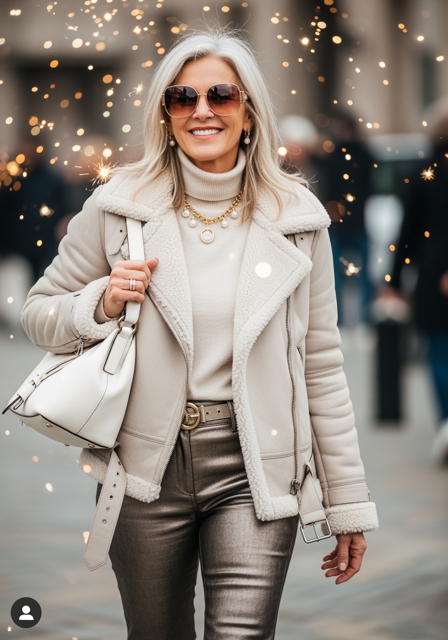 Luxurious cream shearling with metallic trousers for celebrations