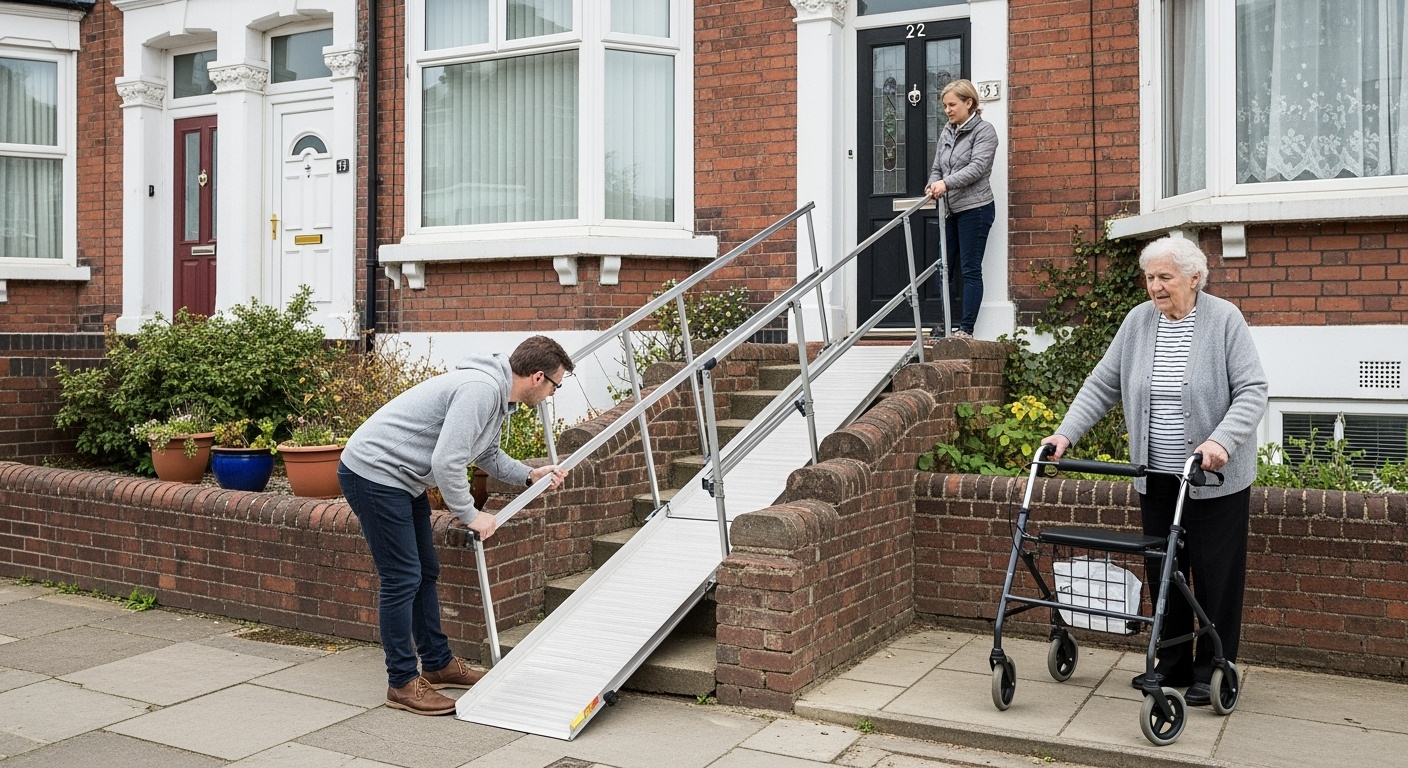 Portable folding ramp setup at British terraced house