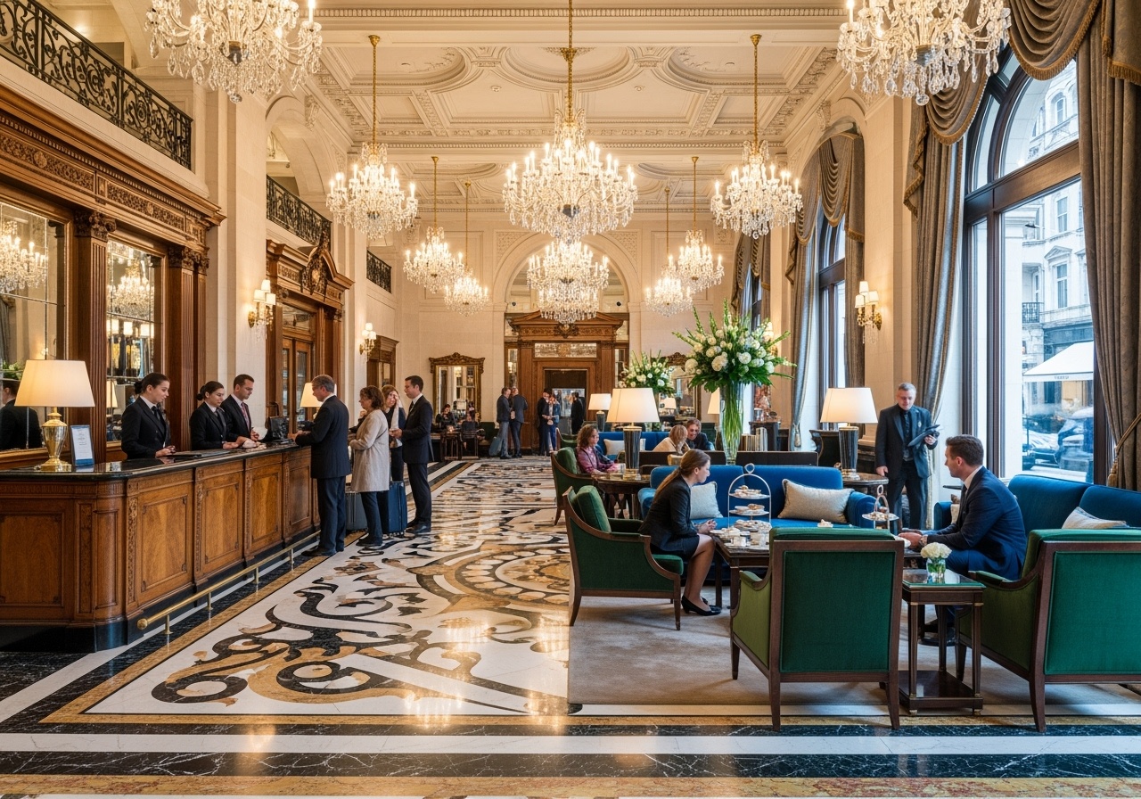 Luxury hotel lobby in Mayfair with marble floors and crystal chandeliers