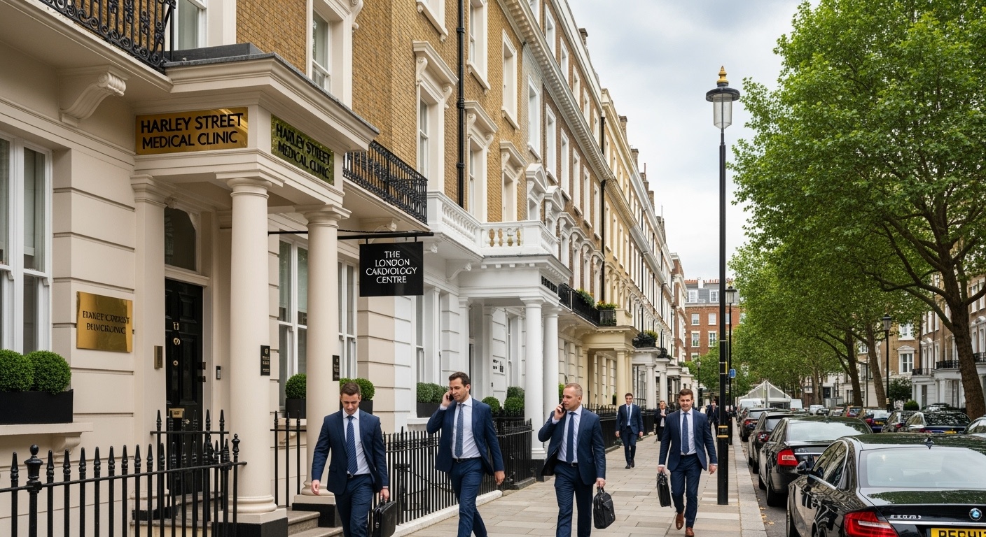 Elegant Harley Street with Victorian medical clinics and brass nameplates