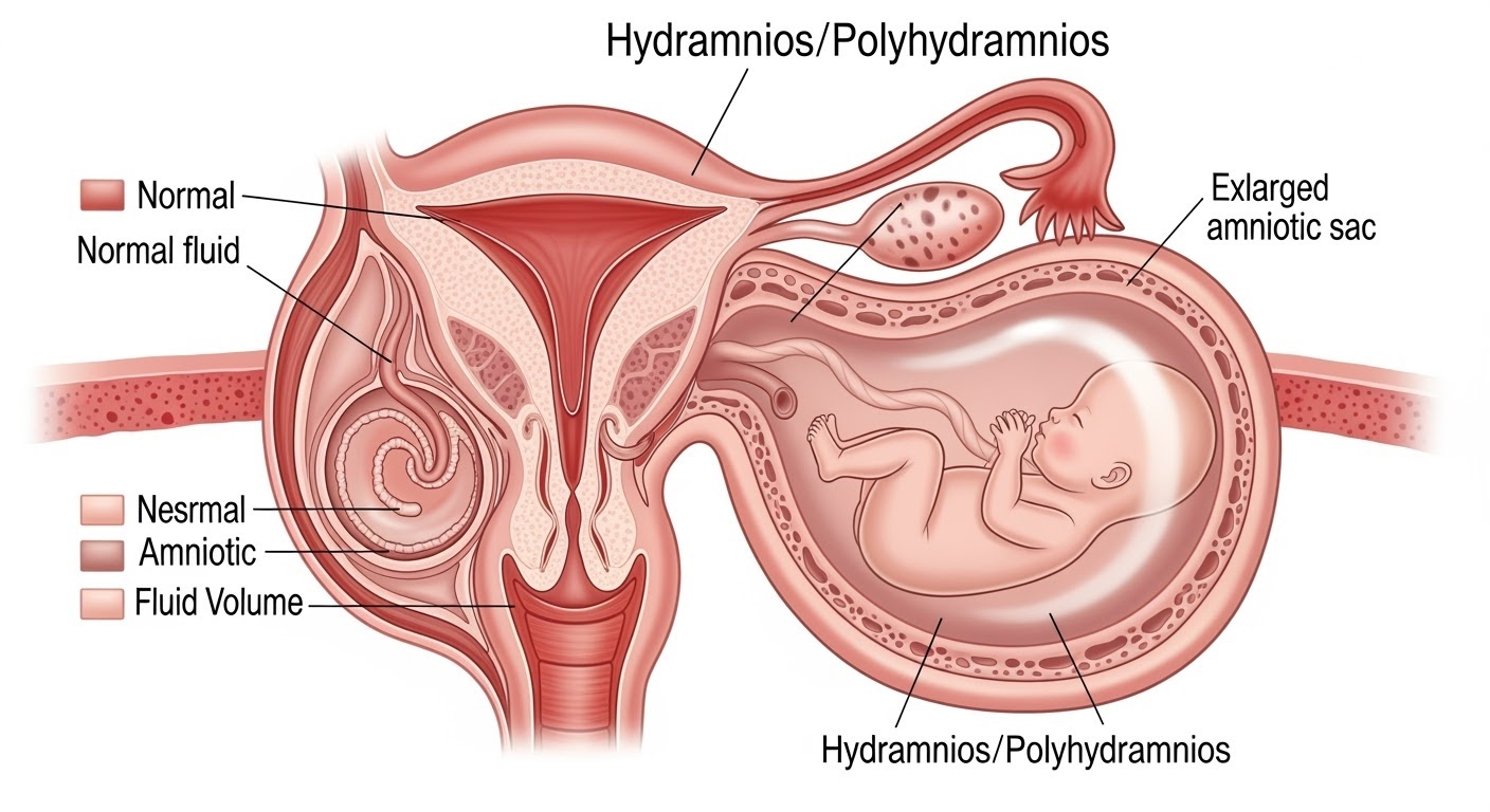 Hydramnios medical illustration showing excessive amniotic fluid