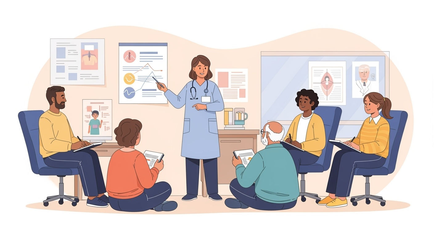 Nurse educator teaching diverse group of patients