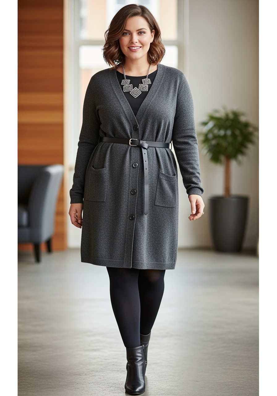 Charcoal Cardigan Dress Office Look