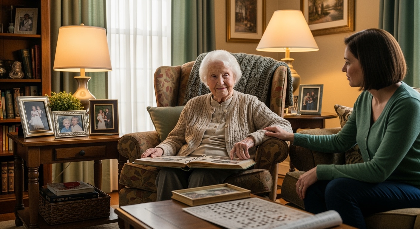 Comfortable living room with elderly woman surrounded by family photos and personal items
