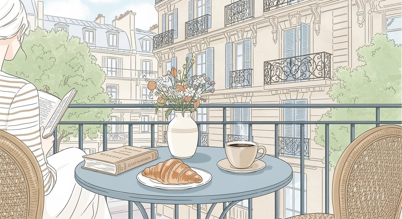 프랑스 슬로라이프 카페 풍경 파리 발코니에서 즐기는 아침 식사, 크루아상과 커피가 있는 테이블, 파리 건축물 배경