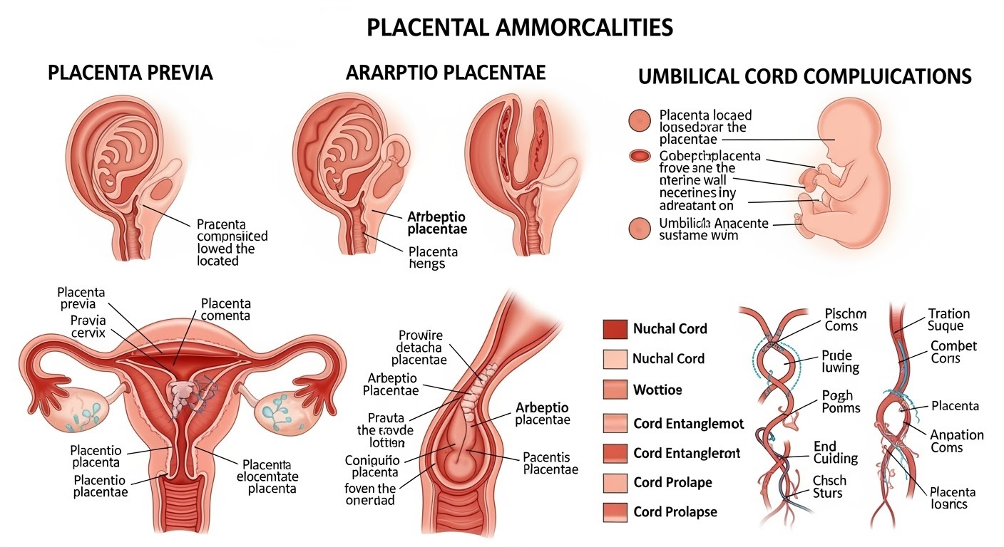 Medical illustration showing placental abnormalities including various types of placental complications and umbilical cord disorders