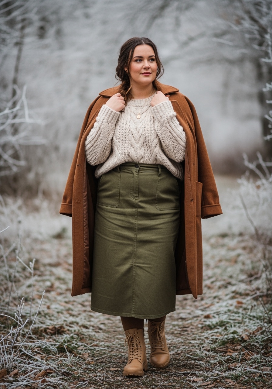 Olive Green Textured Twill Skirt