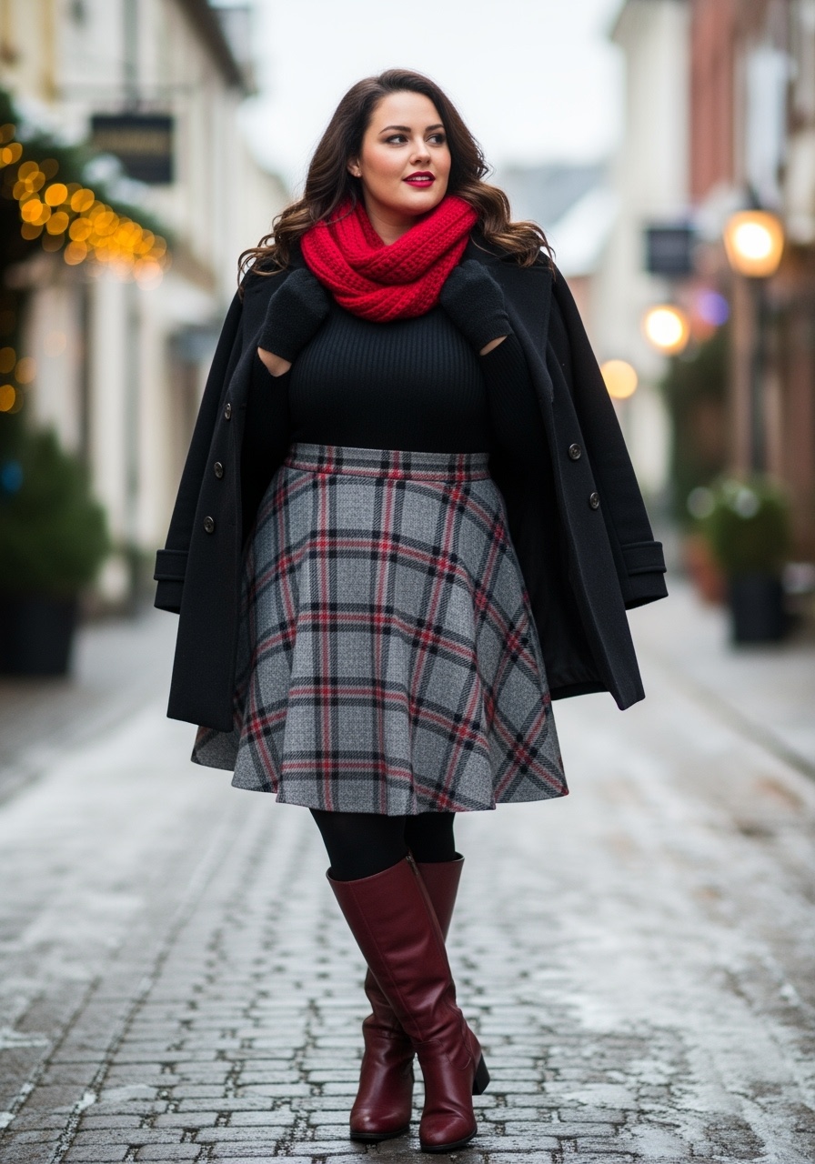 Gray and Red Plaid Wool A-Line Skirt