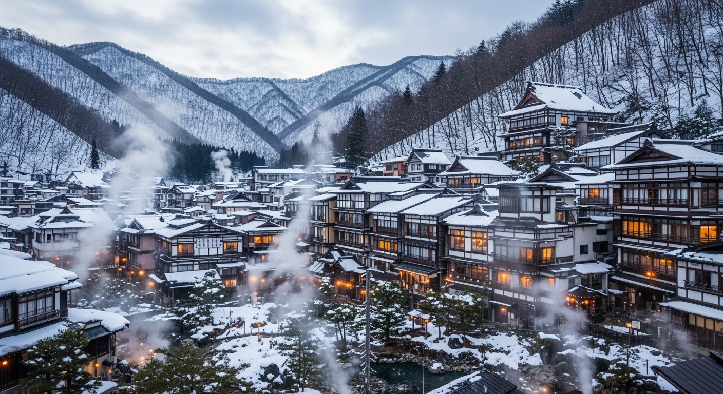 Traditional Japanese hot spring resort town Yudanaka Onsen with ryokan inns