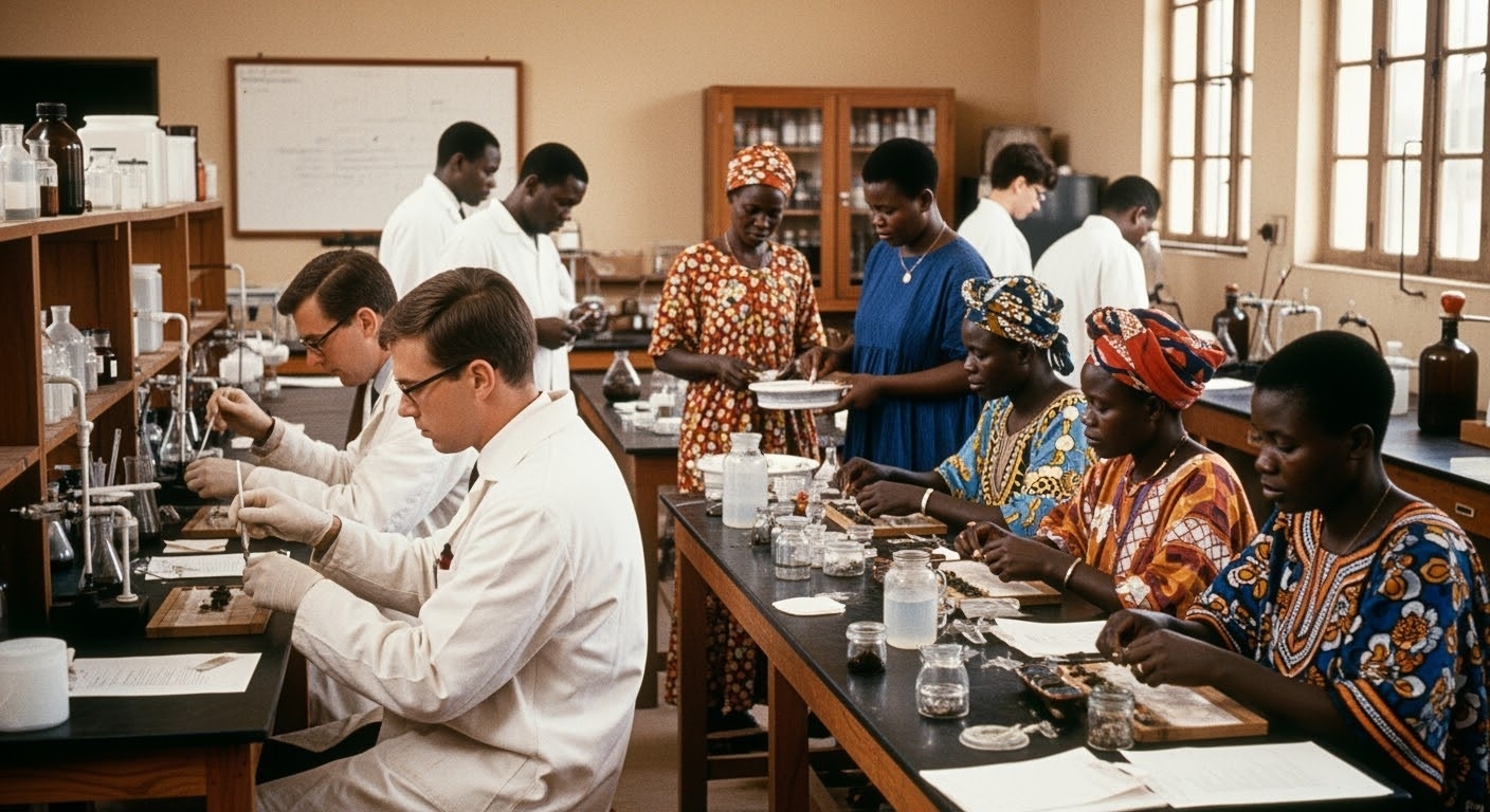 1960s university research laboratory in Nigeria, scientists in white coats analyzing Yoruba herbs, traditional healers collaborating with researchers, modern equipment alongside traditional preparation tools, educational scientific scene