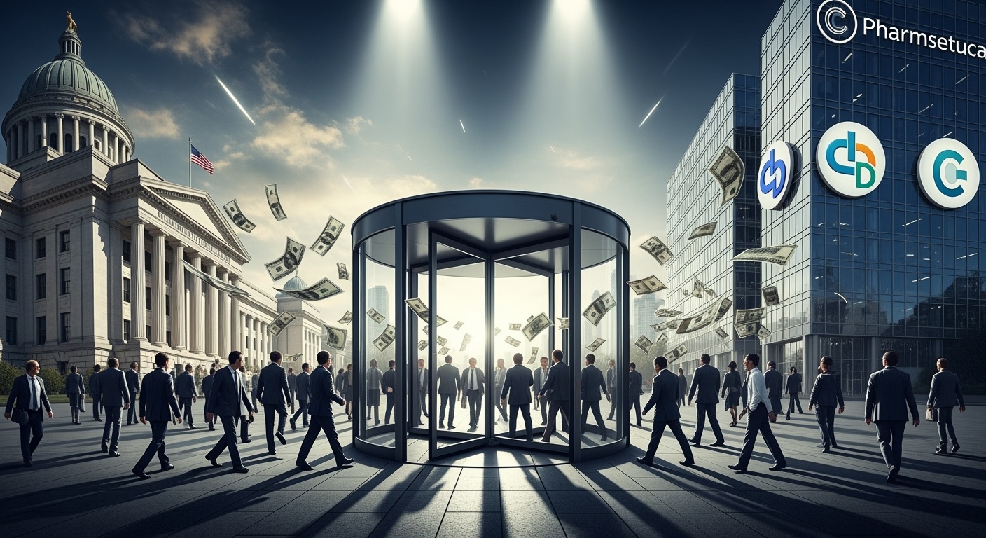 Illustration conceptuelle de la porte tournante entre agences réglementaires et industrie pharmaceutique