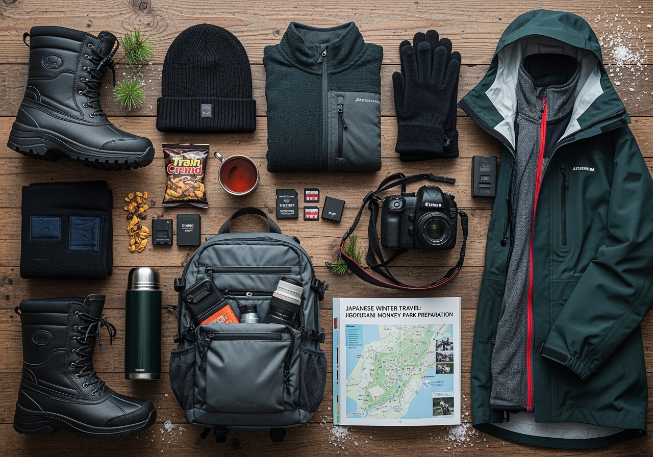 Essential winter gear laid out: boots, warm clothes, camera, snacks
