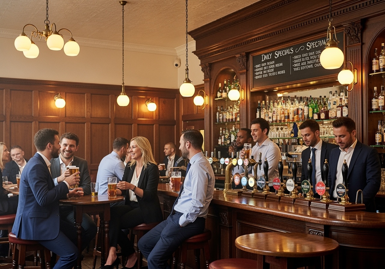 Cosy traditional British pub interior with business professionals