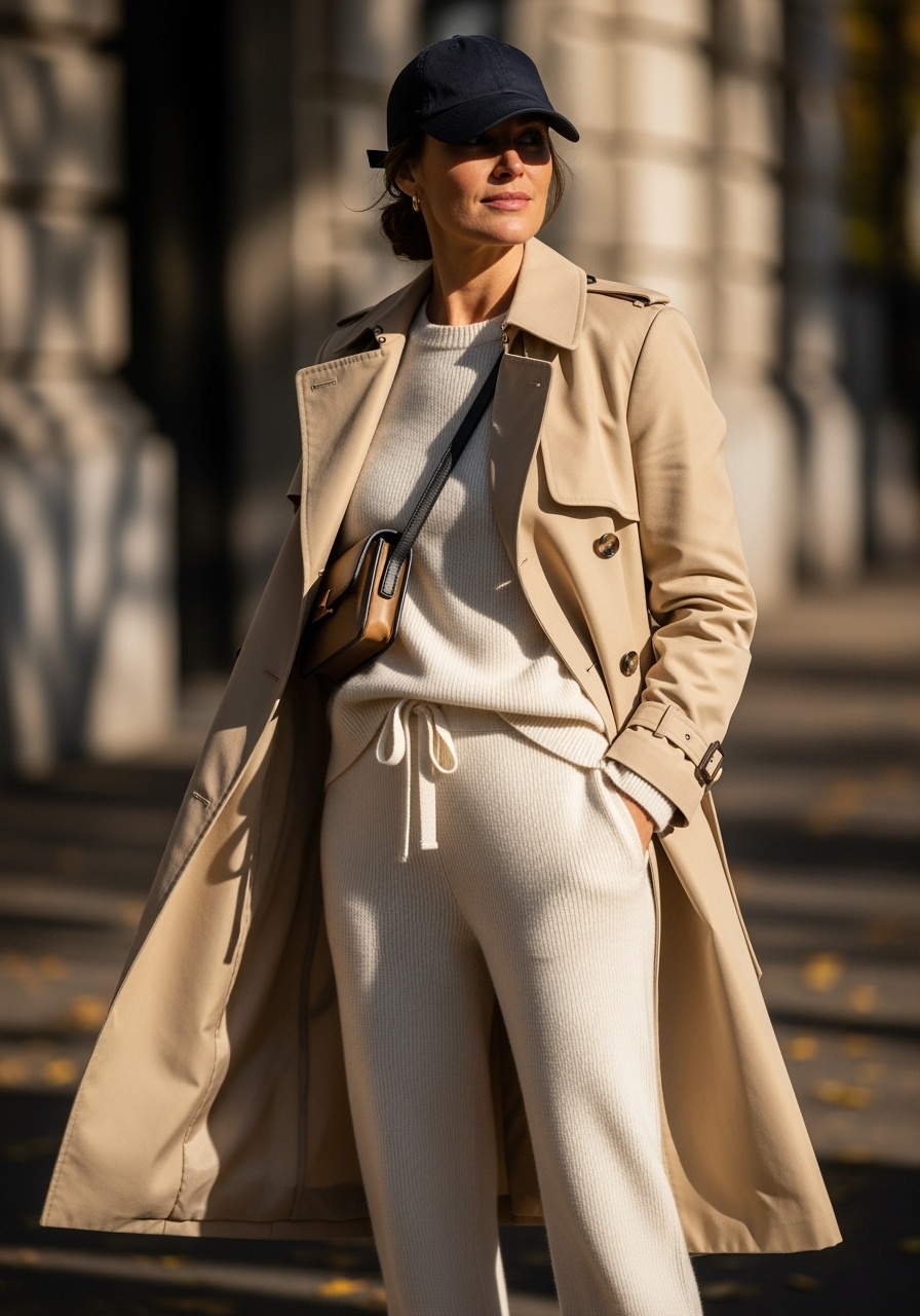 Structured beige trench with loungewear