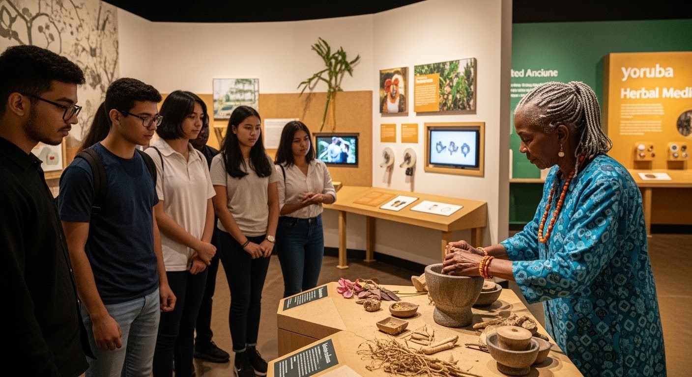 Cultural heritage museum exhibit on Yoruba herbal medicine, interactive displays, elders teaching youth traditional preparation methods, modern interpretation of ancient knowledge, educational cultural scene with diverse visitors