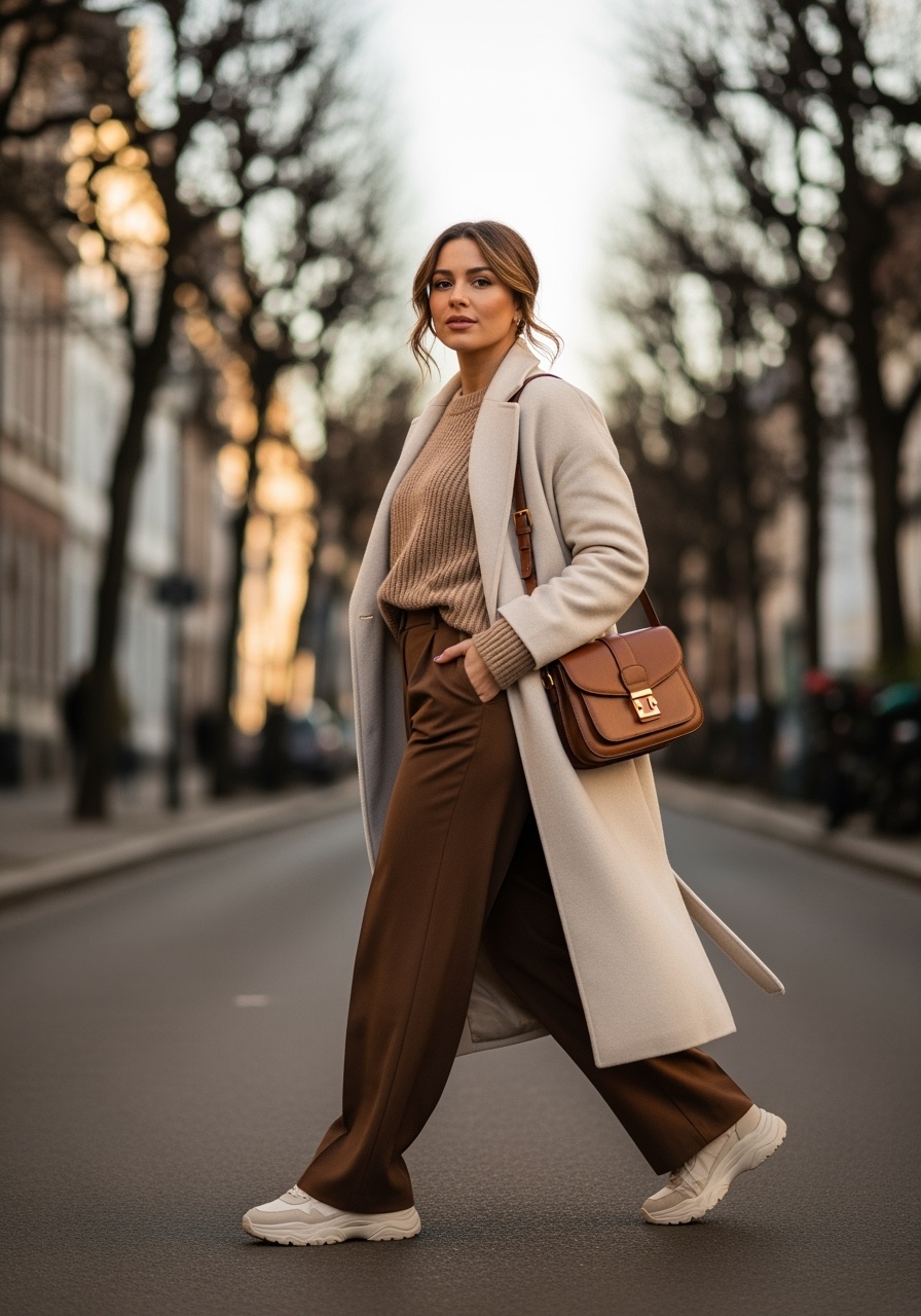 Long cream coat with latte tones