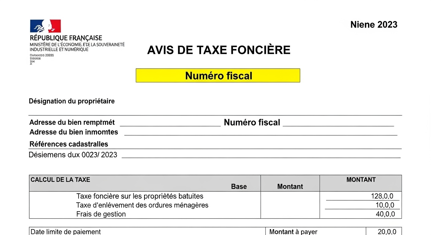 Document officiel avis de taxe foncière avec numéro fiscal