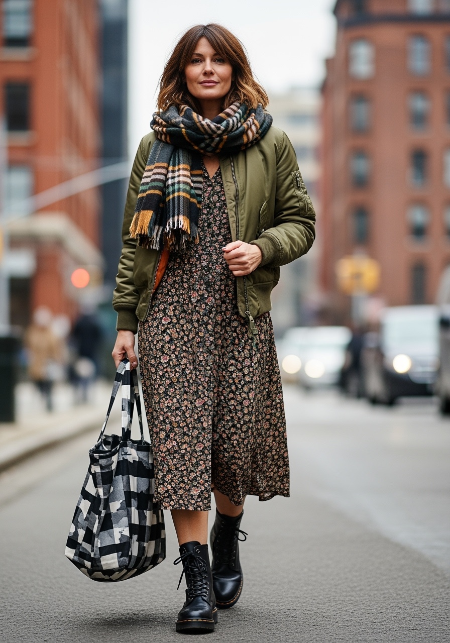Edgy olive bomber with midi dress and combat boots