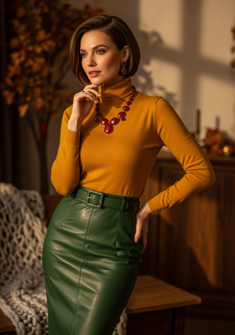 Green Pencil Leather Skirt & Mustard Turtleneck