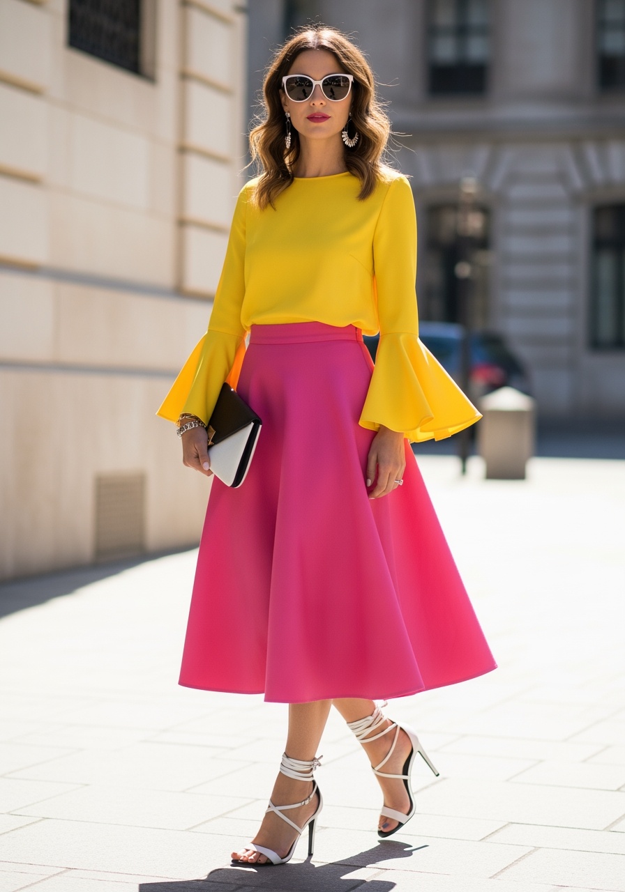 Hot-Pink Midi Skirt & Yellow Bell-Sleeve Blouse