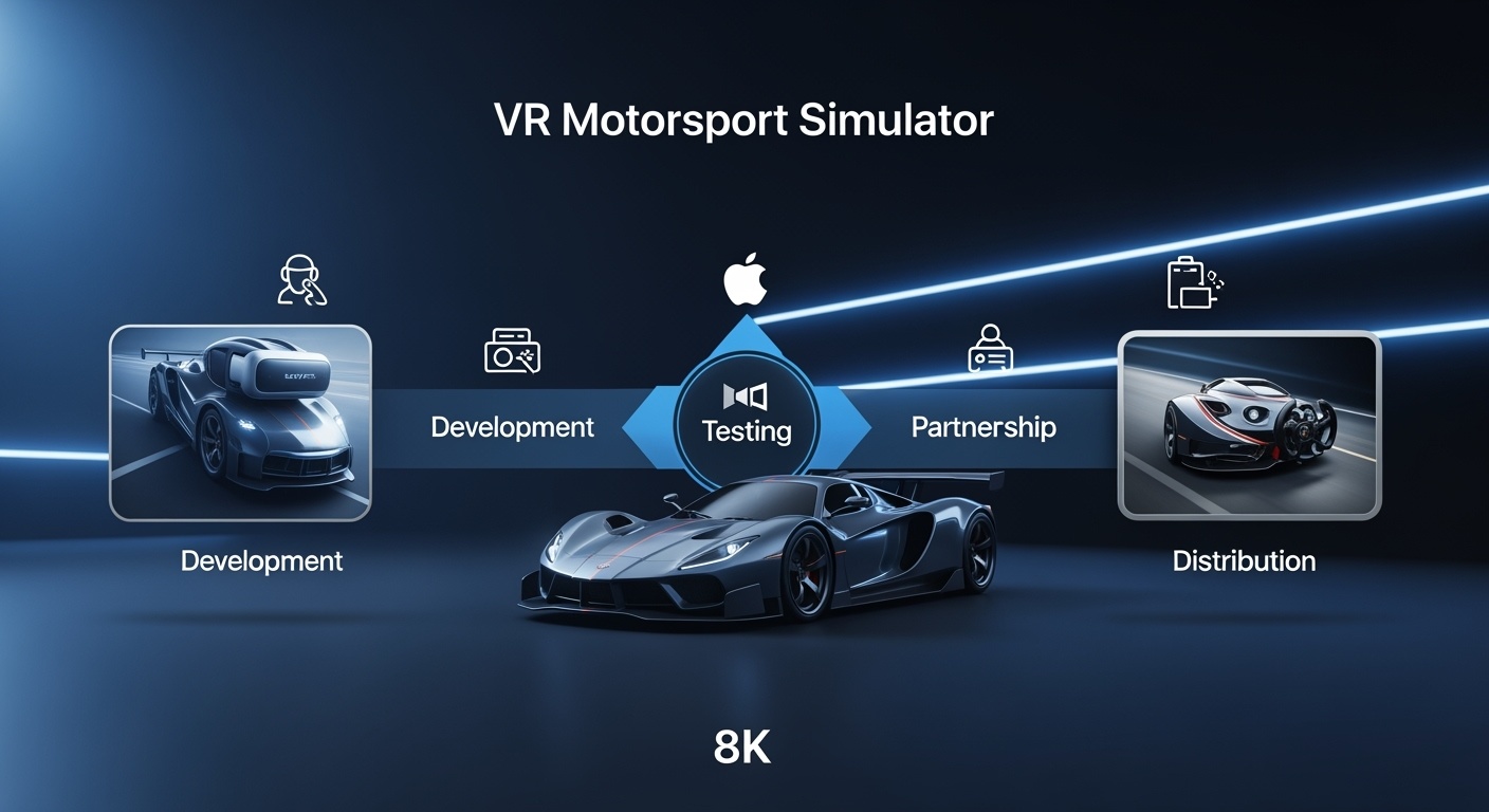 Infografica del processo di sviluppo di simulatori VR motorsport, mostrando il flusso dalla progettazione software alla vendita consumer con elementi Apple keynote style
