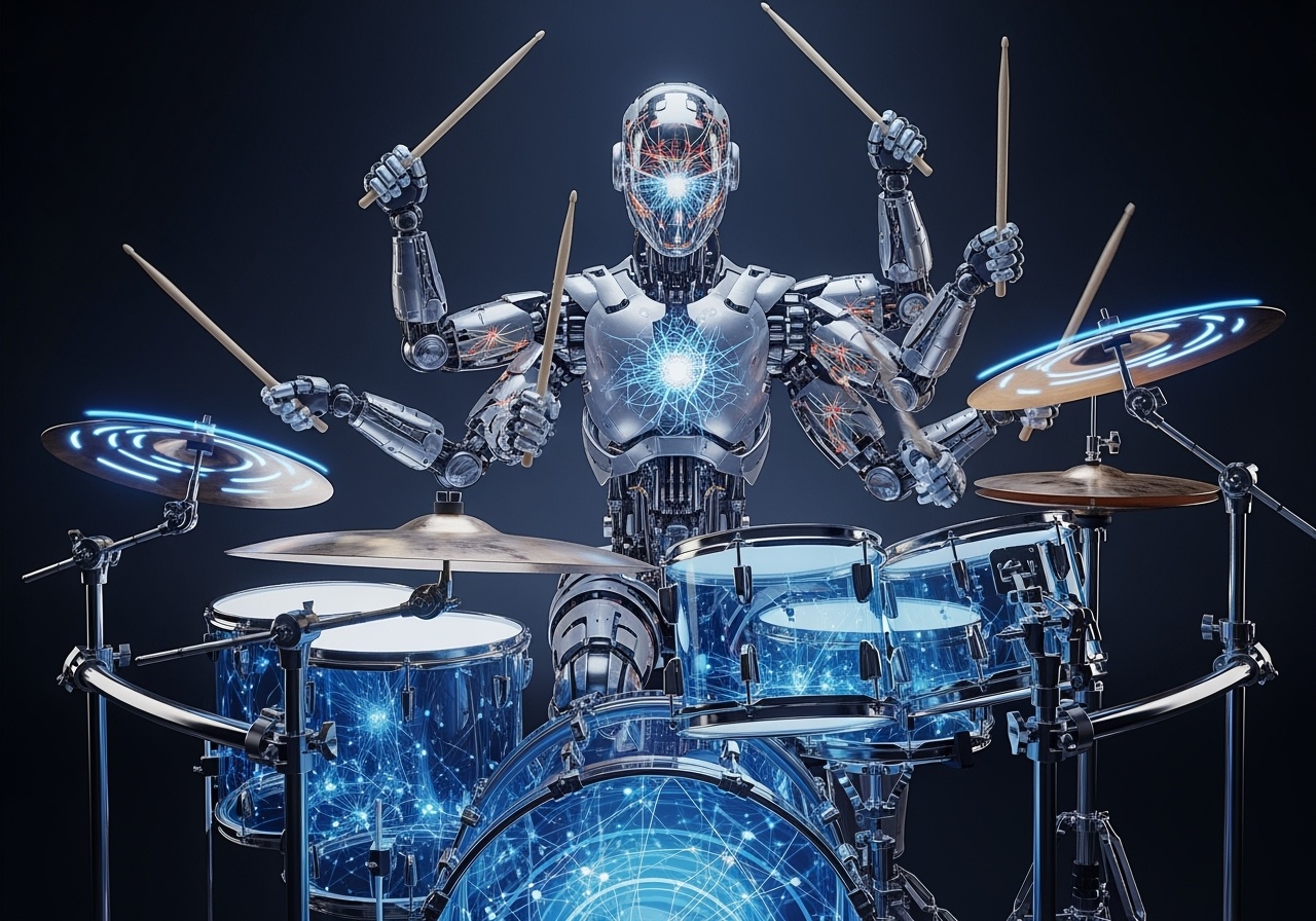 Multi-armed AI robot drummer with glowing neural patterns performing complex rhythms