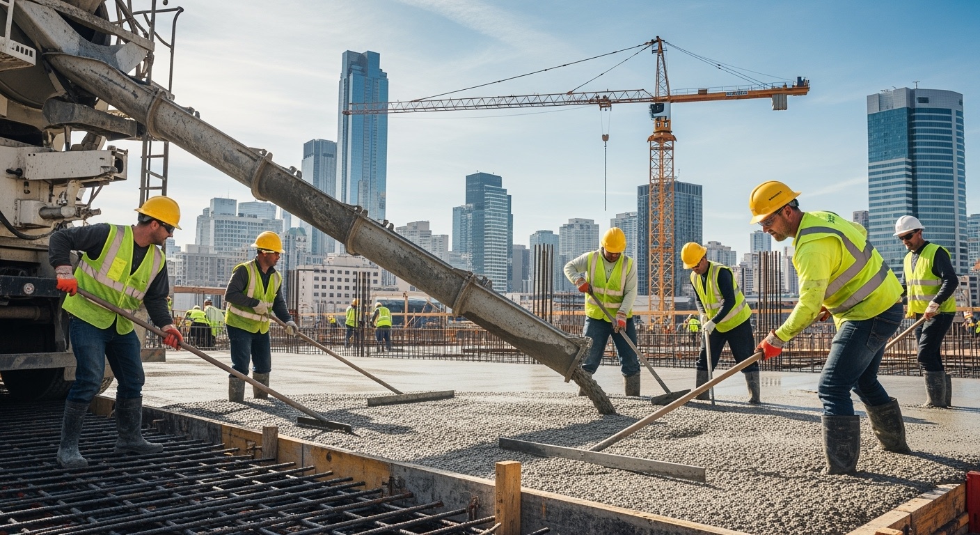 Modern construction site showing highly flowable concrete being poured