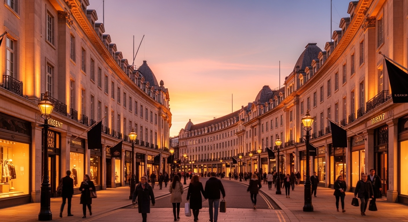 Elegant Regent Street with curved Georgian architecture at golden hour