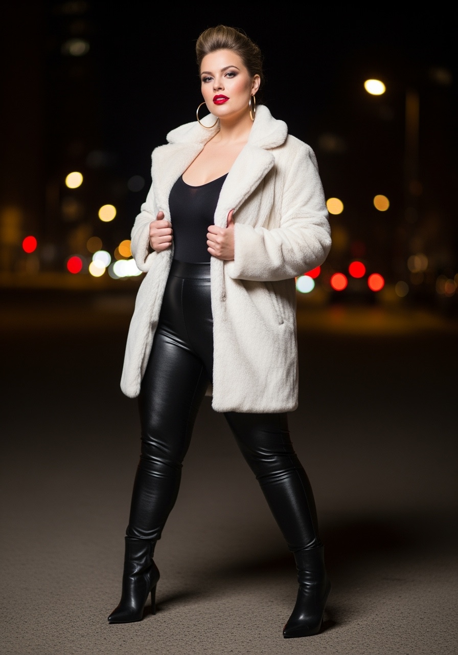 Curvy model in plush cream faux fur coat