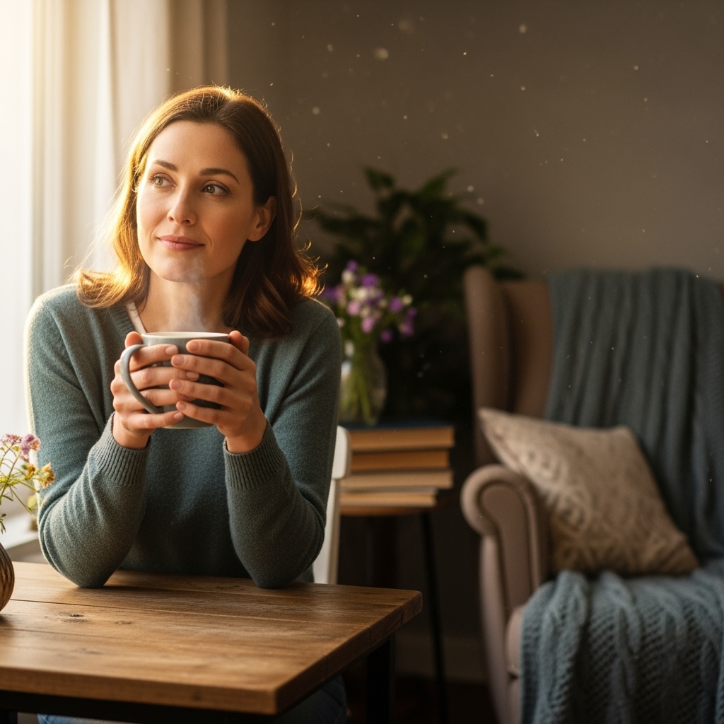 Caregiver taking a peaceful moment for self-care with tea, showing the importance of respite
