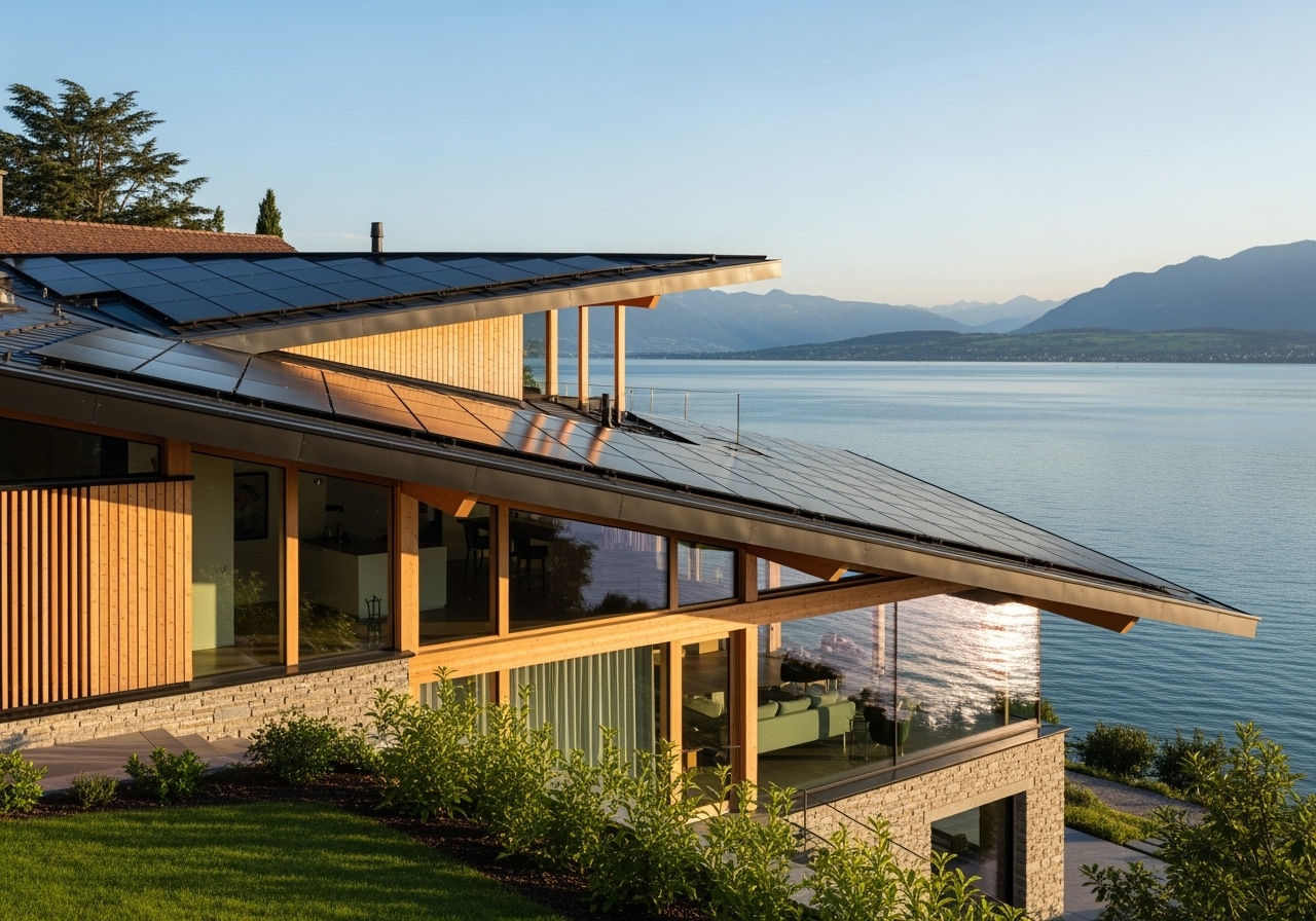 Maison avec panneaux solaires et surélévation moderne