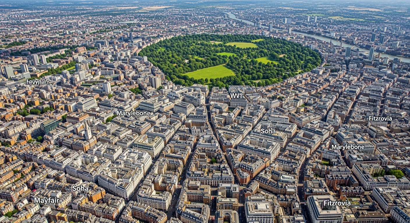 Aerial view of W1 London showing Mayfair, Marylebone, Soho and Fitzrovia