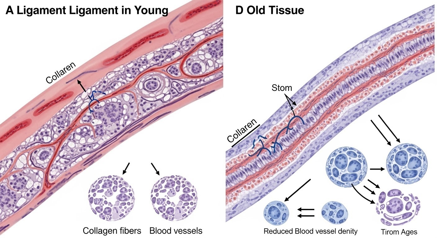Scientific cellular illustration showing aging effects on ligament healing