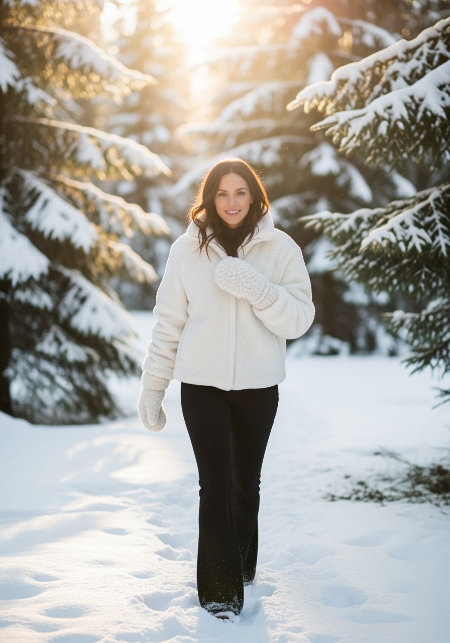 Fluffy white jacket forest walk
