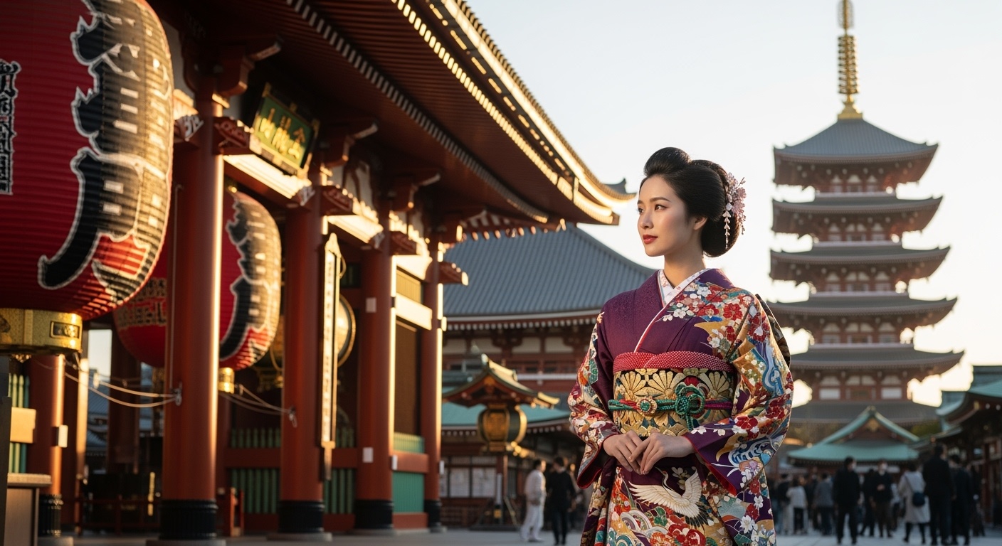 Beautiful woman in traditional Japanese kimono at Senso-ji Temple