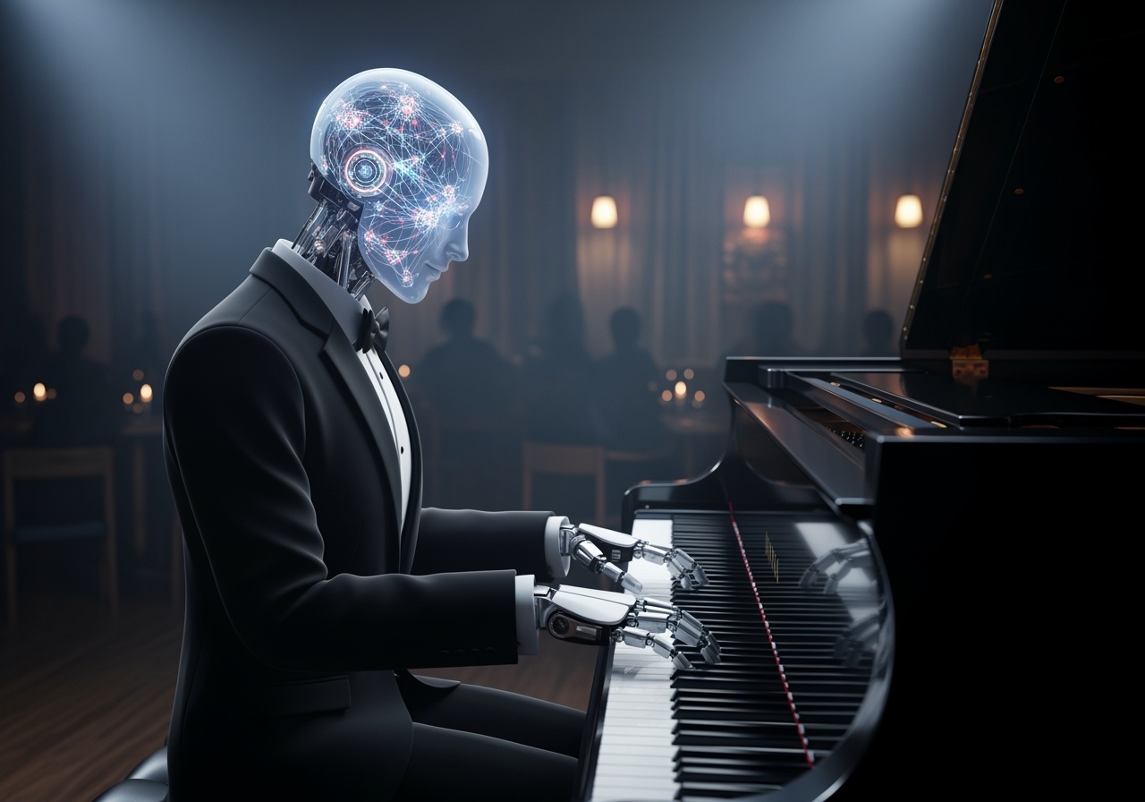 Sophisticated AI robot pianist with translucent head showing neural networks playing grand piano