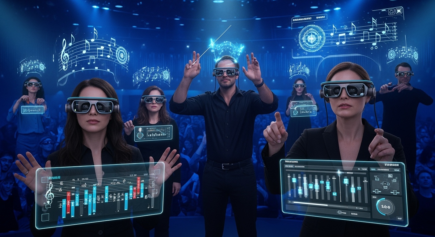 Concert audience wearing AR glasses interacting with holographic music visualizations