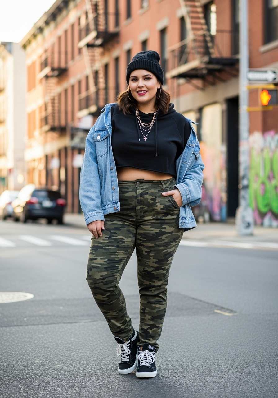 Trendy plus-size model in fitted camo pants