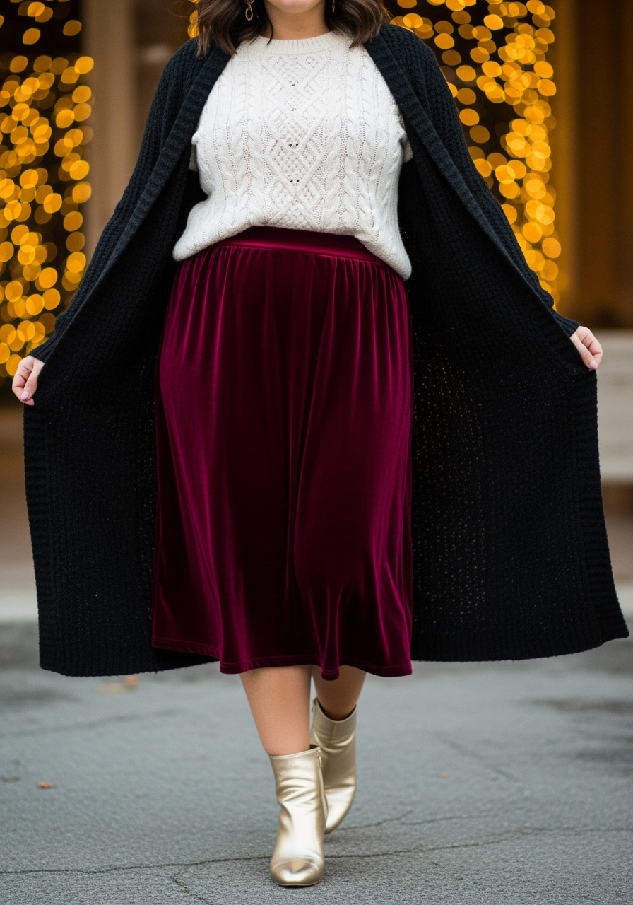 Burgundy Velvet Midi Skirt Outfit