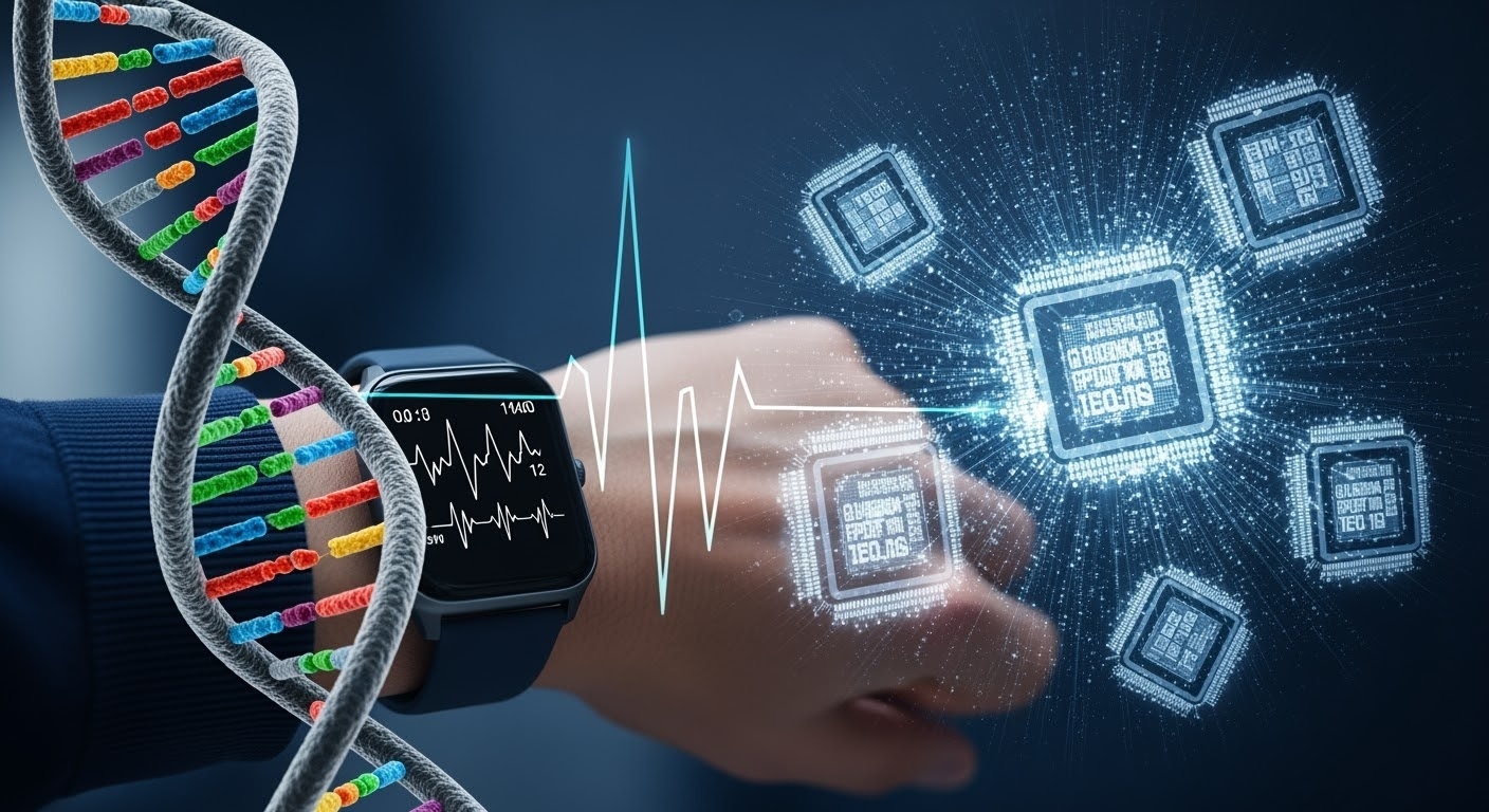 A modern healthcare scene showing advanced smartwatch with health monitoring and quantum computing