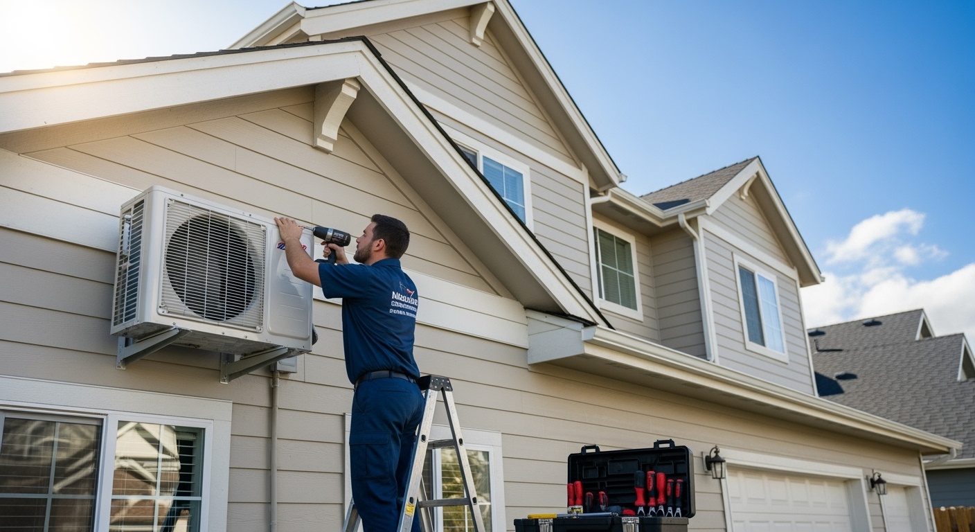 Professional HVAC technician installing air conditioning unit in East Rutherford