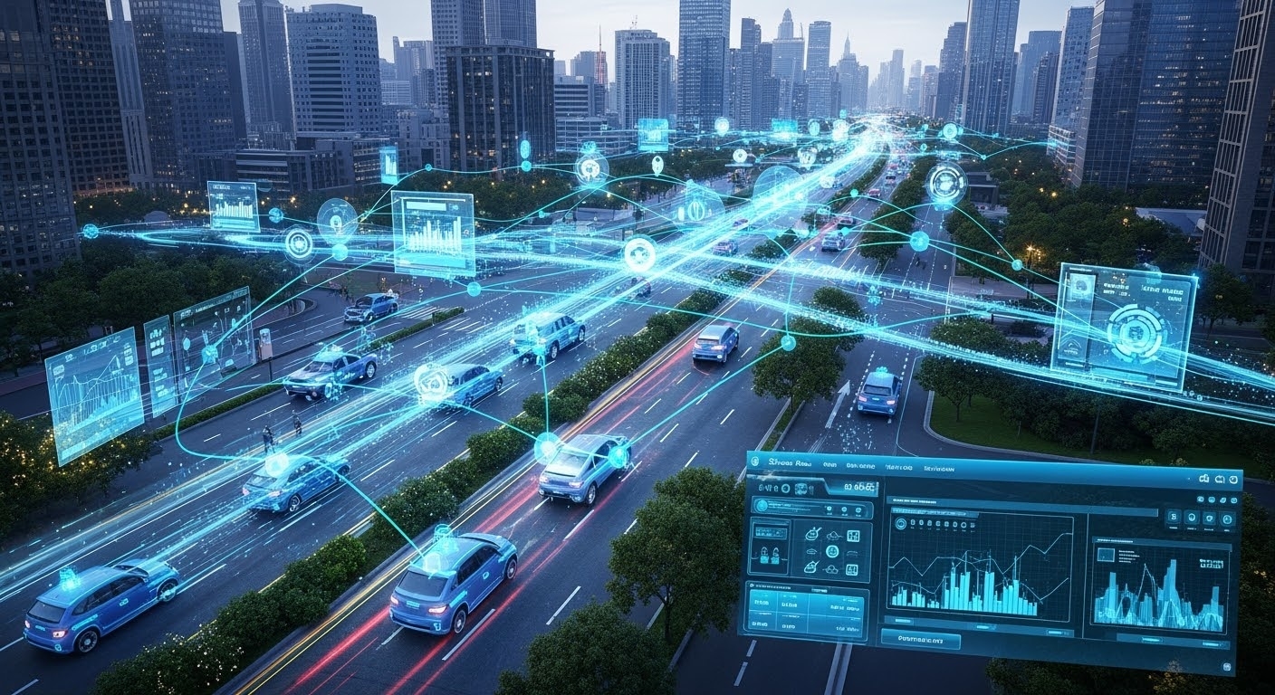 A futuristic cityscape with autonomous vehicles and quantum computing optimization