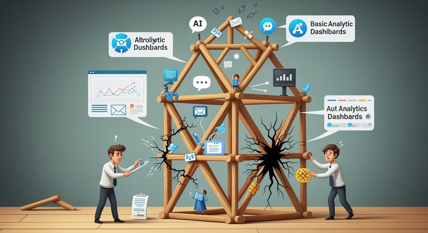 Illustration of wooden stick business systems with some AI automation tools partially protecting against algorithmic storms but showing stress cracks