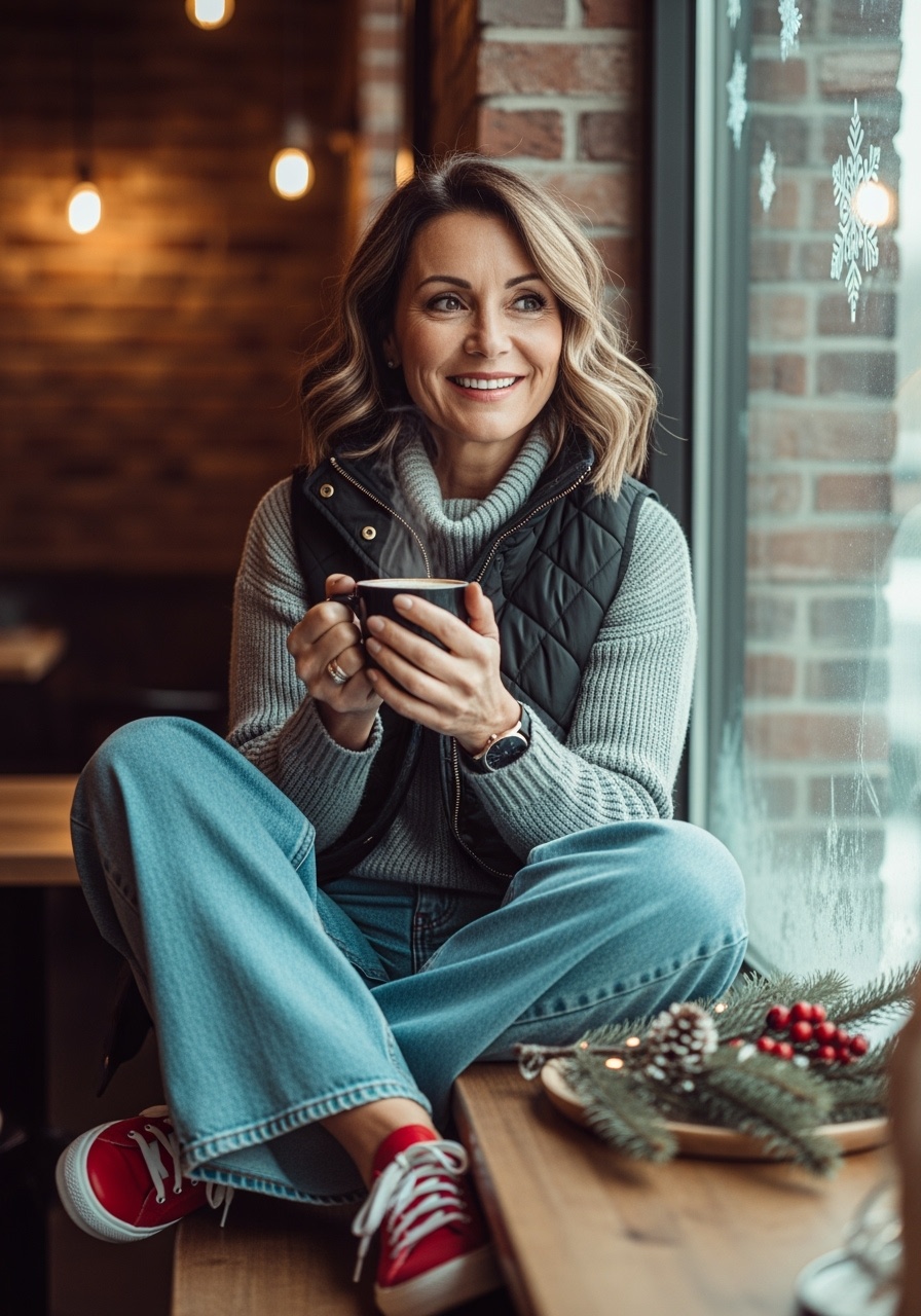 Playful quilted black vest with gray turtleneck and red sneakers