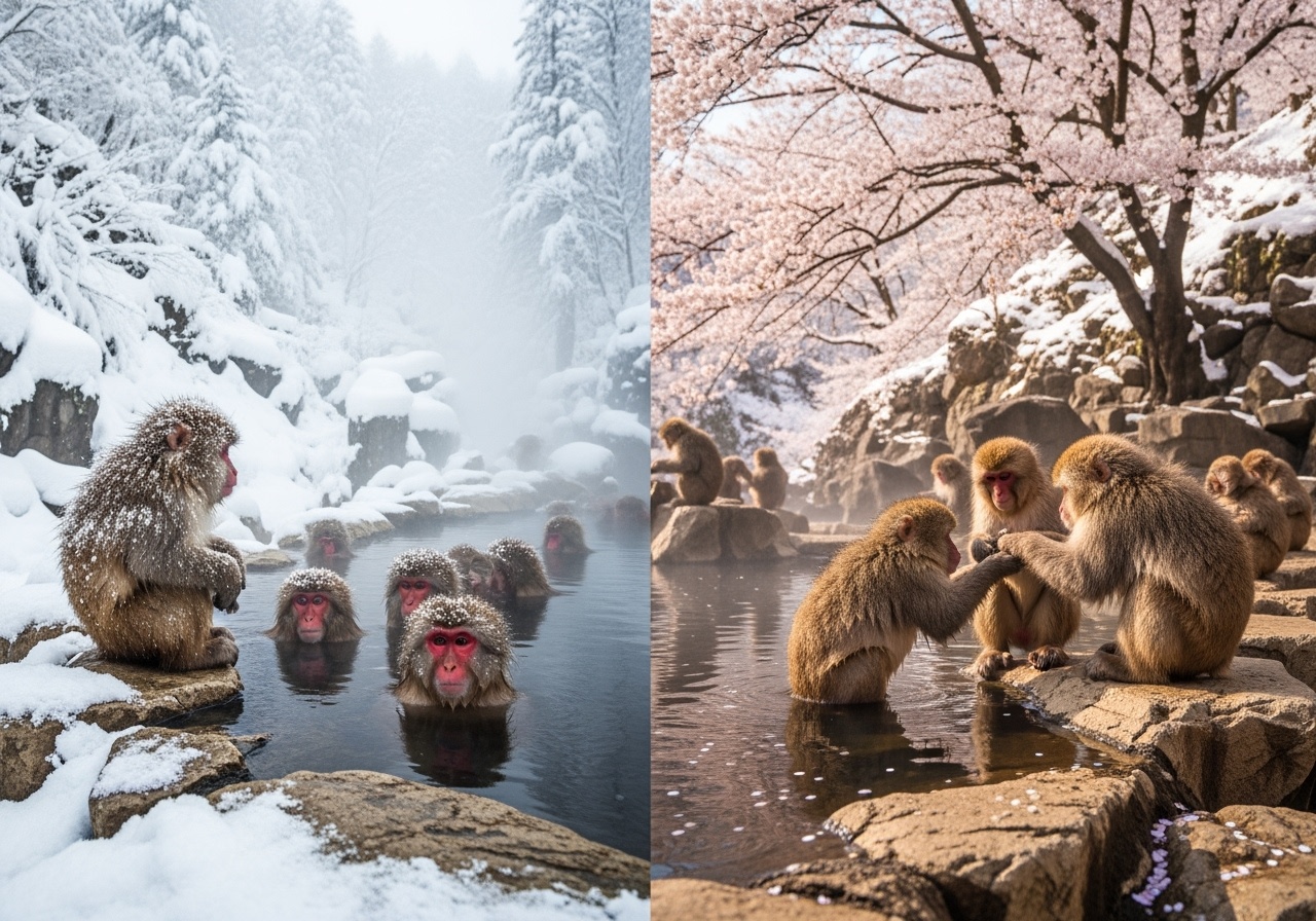 Seasonal comparison showing winter and spring snow monkey viewing conditions