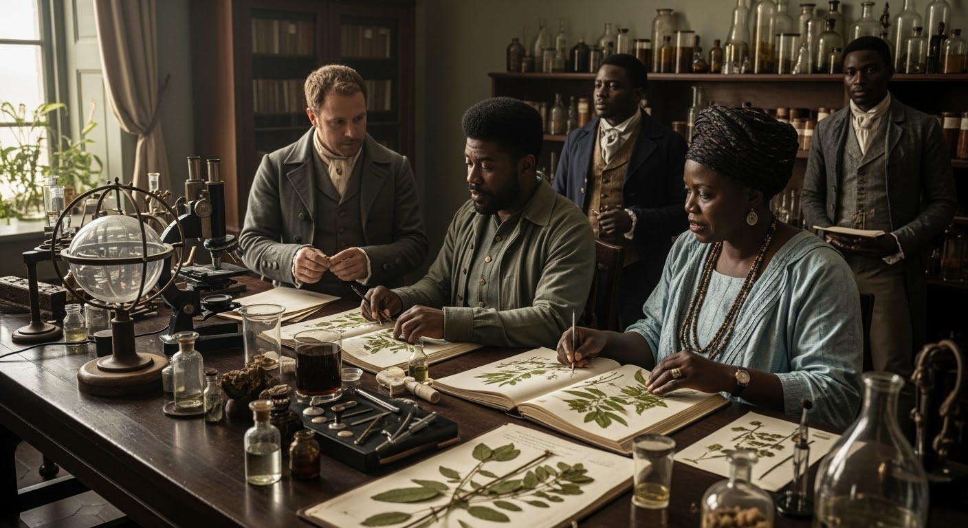 Victorian-era scientific laboratory with Yoruba herbal specimens being studied, microscopes and scientific equipment, pressed plants in journals, British botanists with Yoruba healers, detailed historical scene