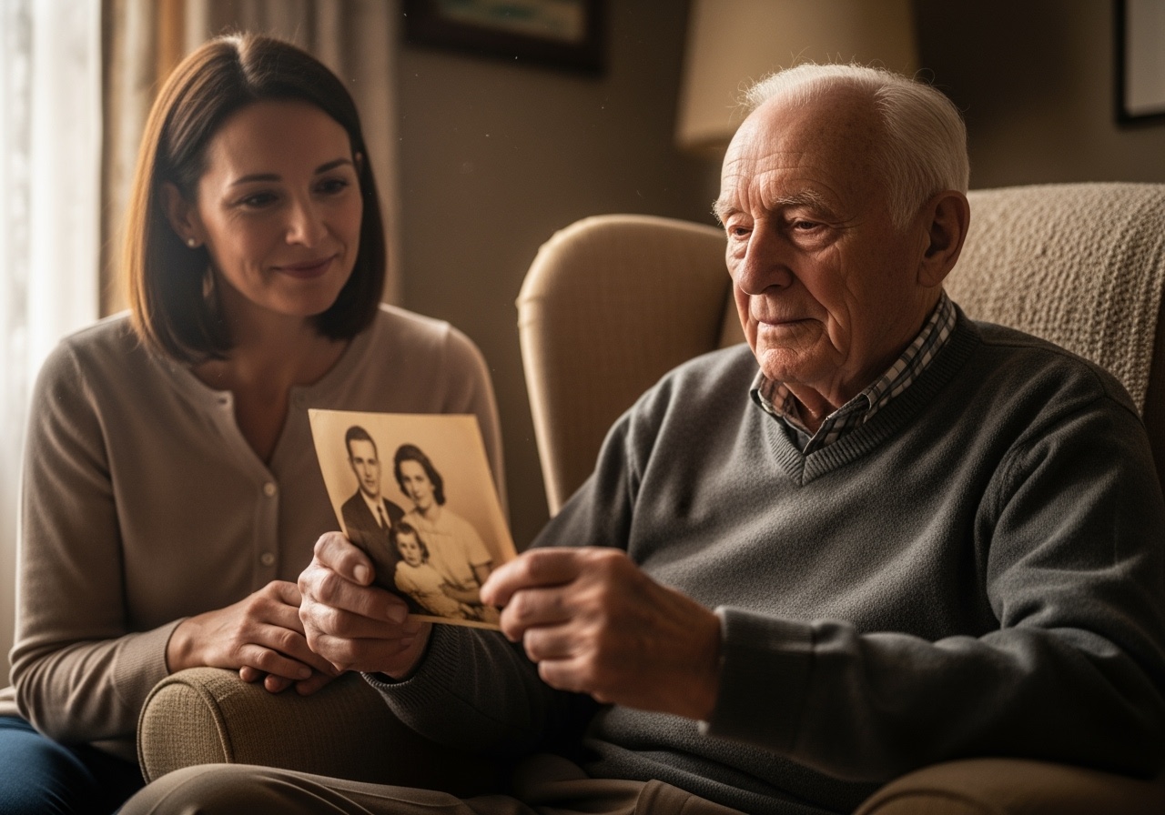 Tender moment of elderly man with Alzheimer's recognizing a family photograph with his daughter