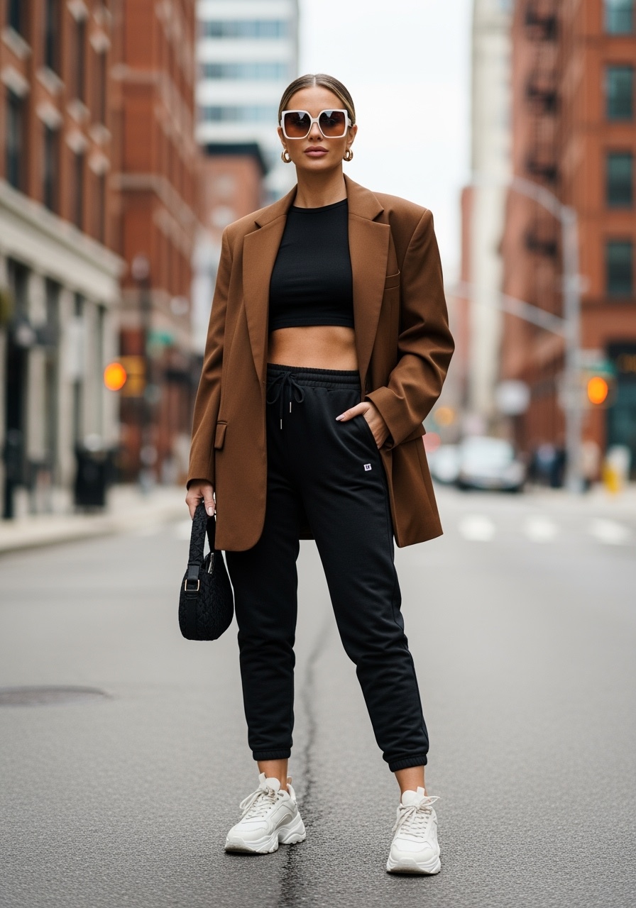 Oversized brown blazer with sporty elements
