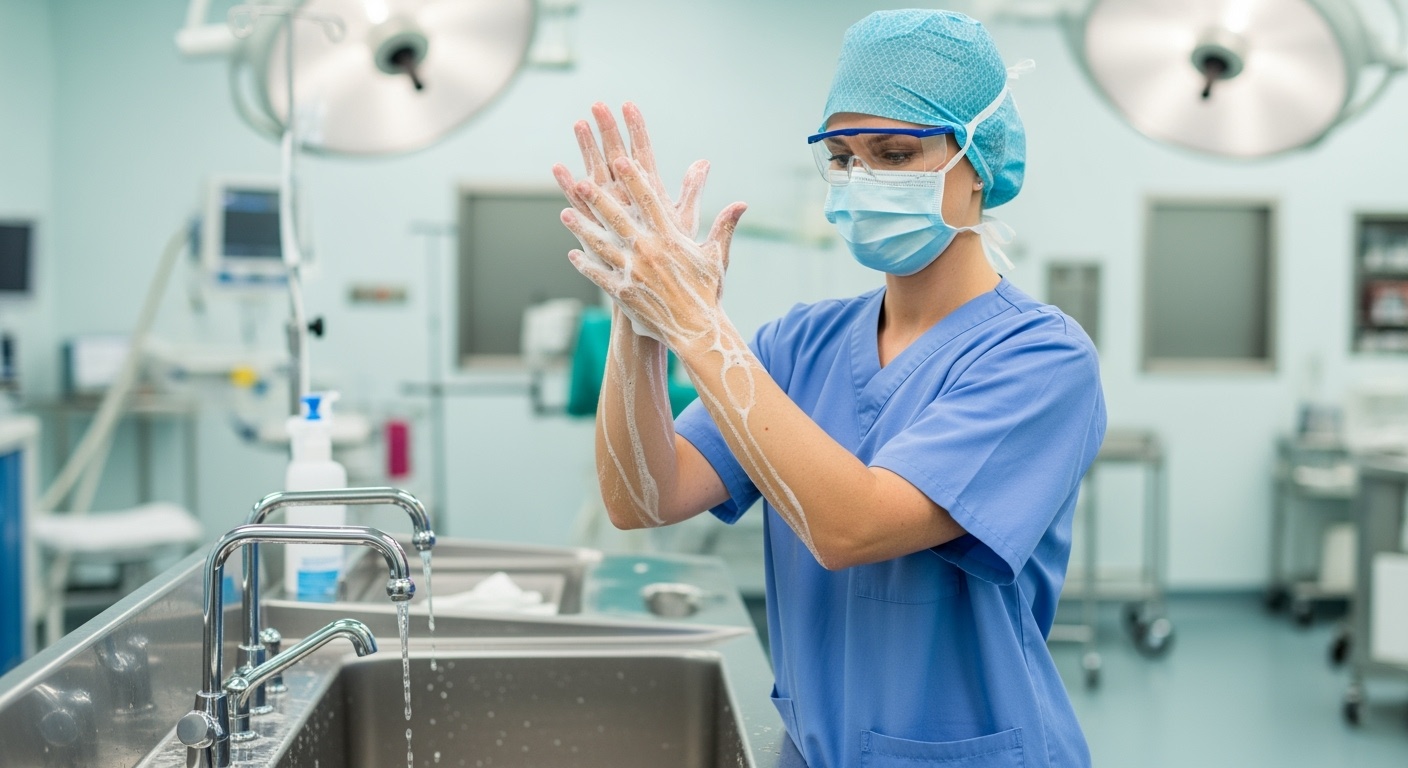 Professional nurse demonstrating surgical scrubbing procedures
